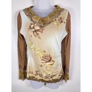 ANAC by Kimmy Womens Top Mesh Long Sleeve Lace Floral Forest S Y2K Whimsigoth